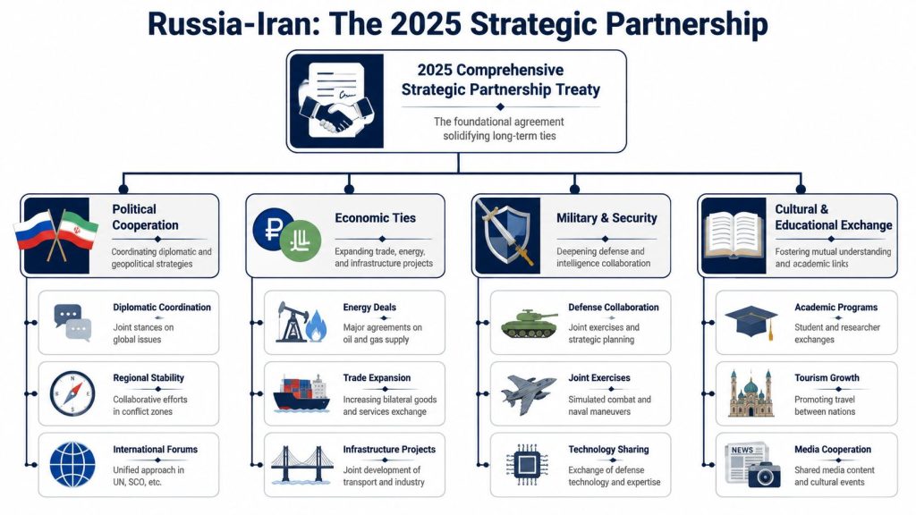 An infographic showing the four key pillars of the Russia-Iran 2025 comprehensive strategic partnership treaty.