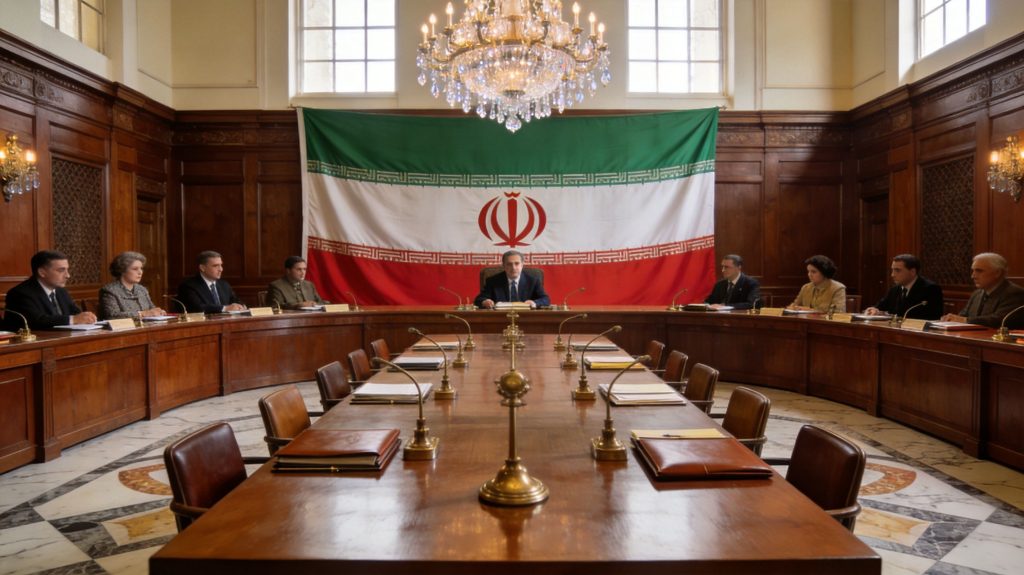 Government officials sitting at a large boardroom table with the flag of Iran displayed in the background.