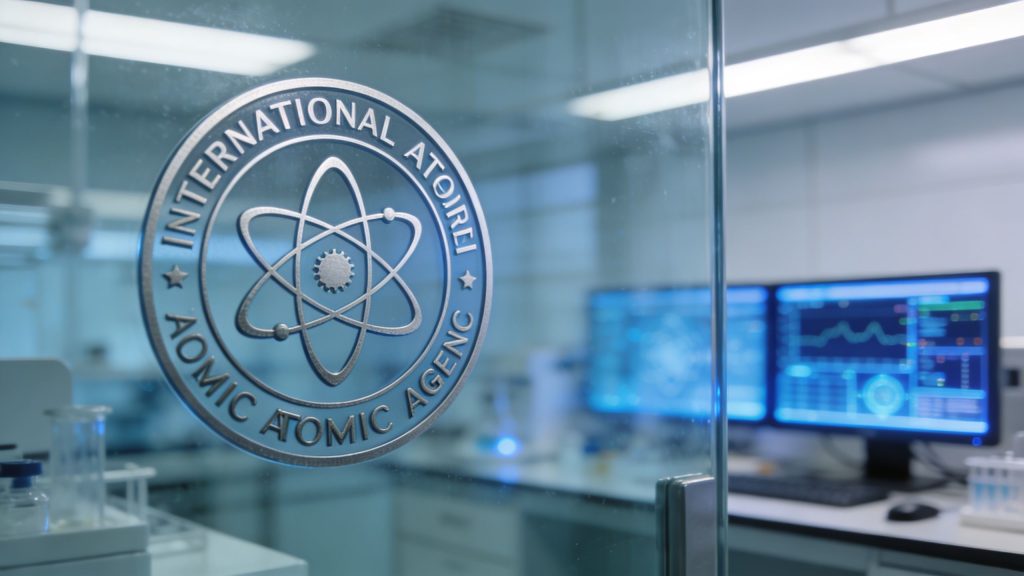 A logo for the International Atomic Agency displayed on a glass door in a modern laboratory setting.