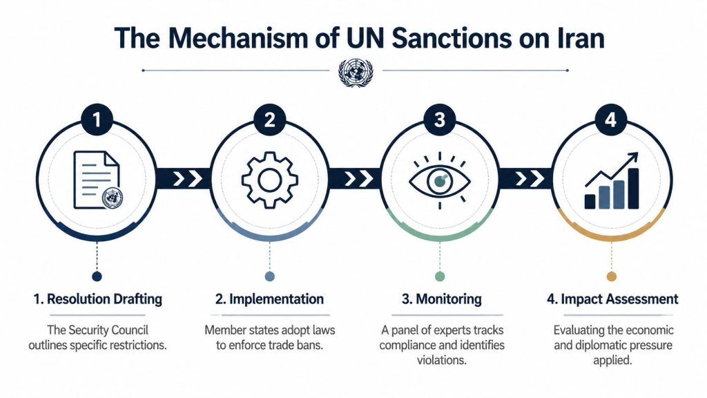 An infographic illustrating the four-step mechanism of UN sanctions imposed on Iran from drafting to impact.