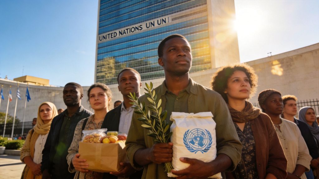 A diverse group of people standing together in front of the United Nations headquarters with supplies.